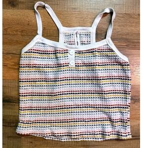 7DAY WKND Tank Top White Multicolor Striped Waffle Knit Henley Racerback Boho